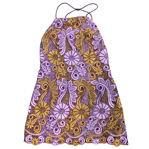 Anthropologie | Mini Dress Purple Gold Embroidered Halter Back- Size 4 Petite - Picture 1 of 15
